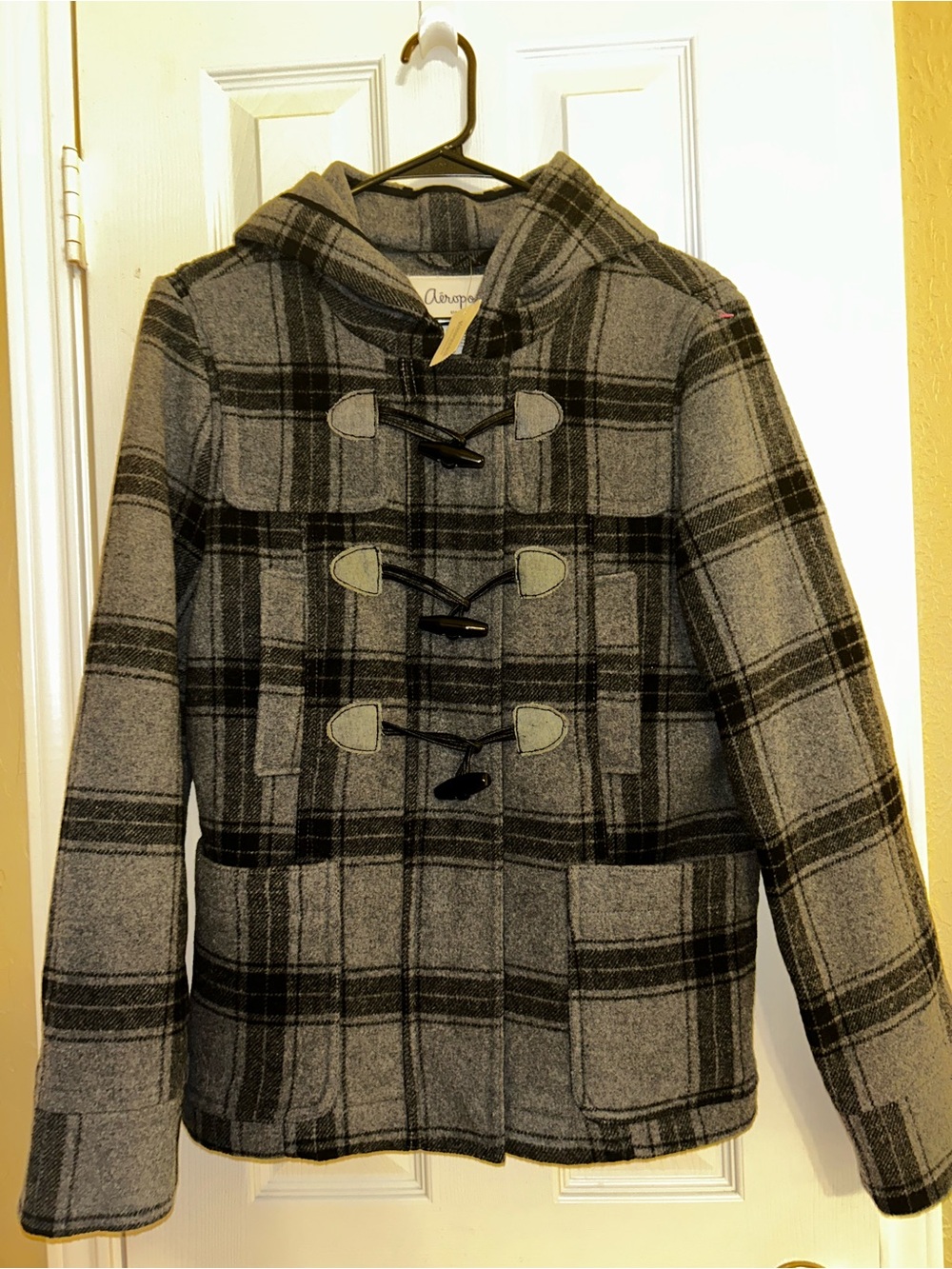 NWT Vintage Y2K Aéropostale Grey & black plaid hooded Toggle Closure Jacket L